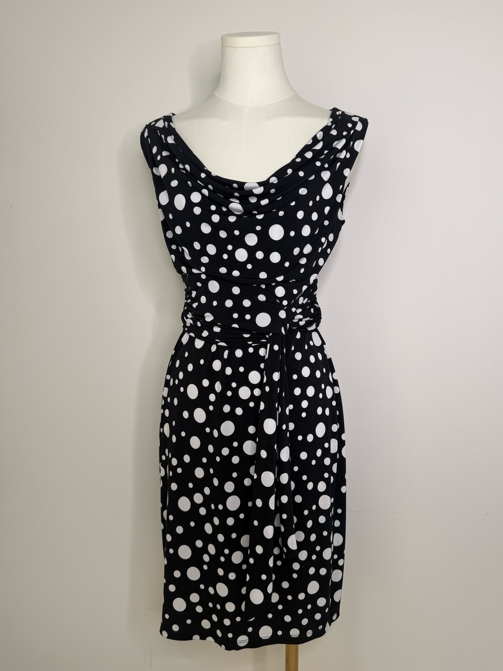London Times Black and White Polka Dot Cowl Neck Midi Dress
